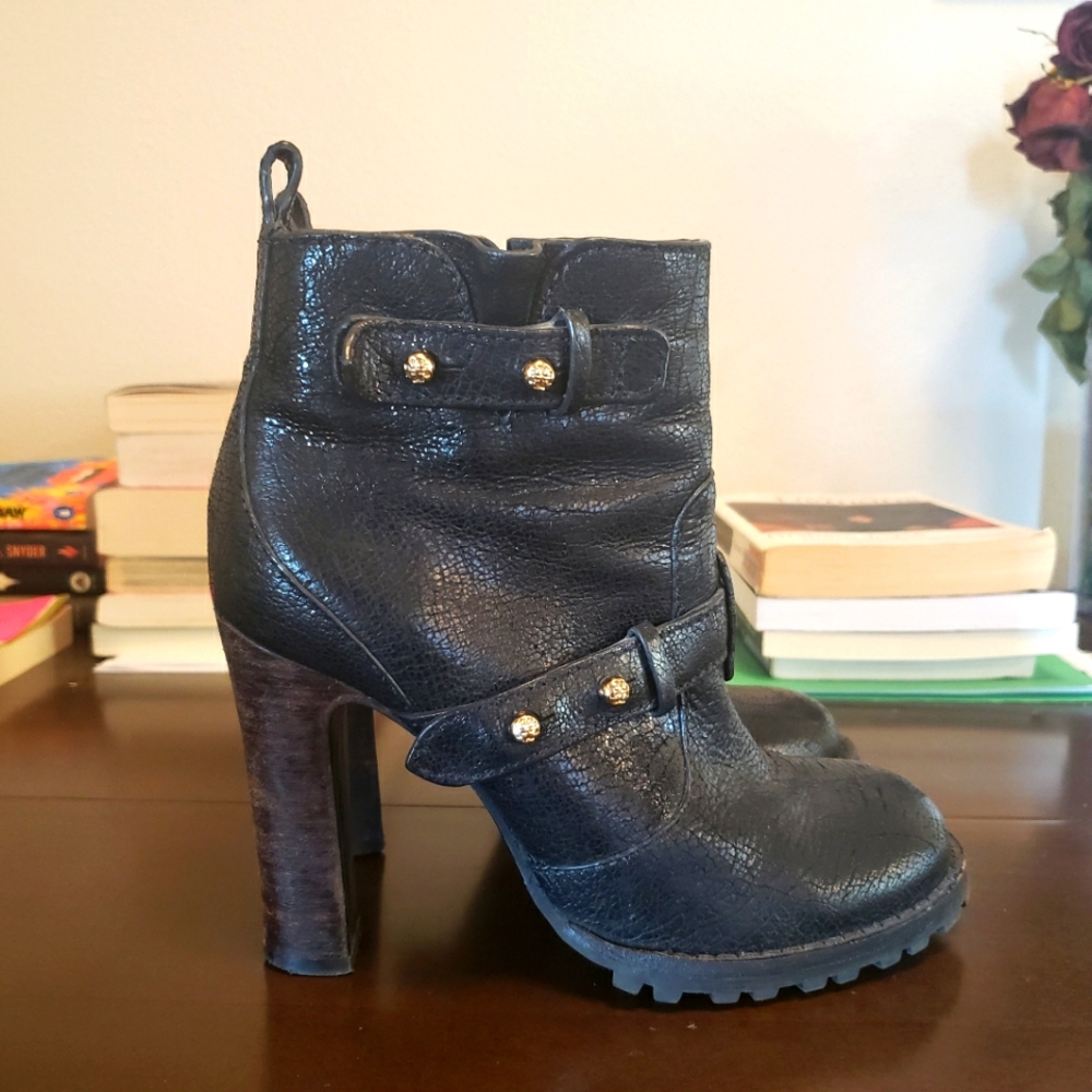 SOLD Tory Burch Landers Leather Moto Boots Heeled Ankle Booties Black